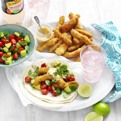 Crispy Fish Tacos with Tomato and Avocado Salsa